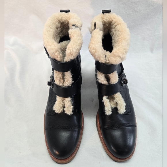 COACH Preston Women's 9.5B Black Leather Shearling Moto Booties Boots - Picture 3 of 10